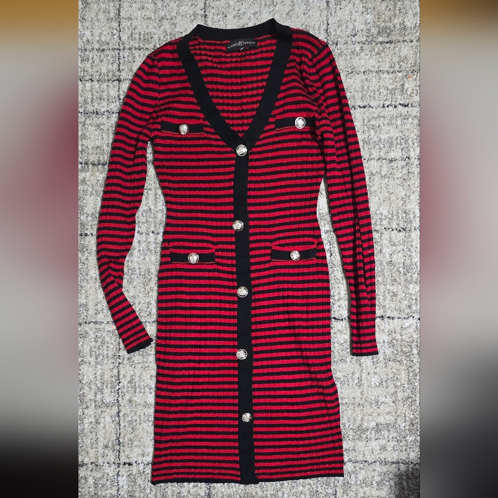 Red and Black Striped Cardigan Dress